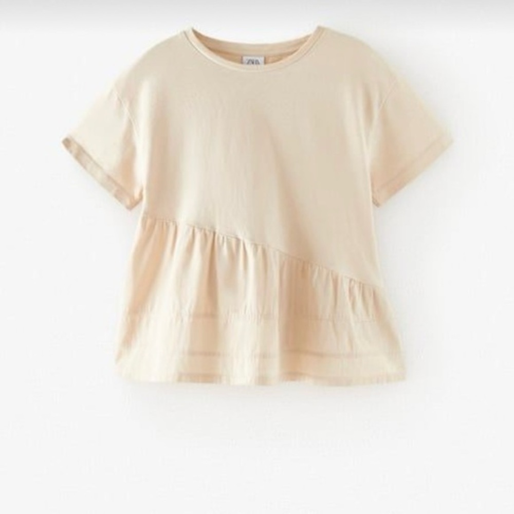 Zara Cream Short Sleeve Tee with Smocked Design